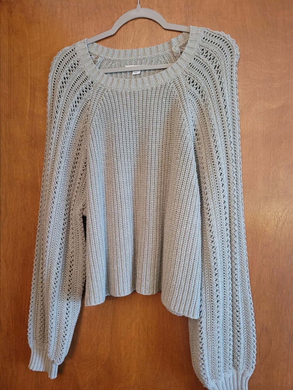 American Eagle Sage Green Open-Knit Balloon Sleeve Sweater - Women